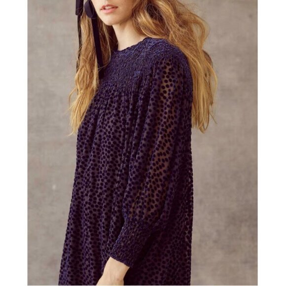 💕THE GREAT💕 The Merry Dress ~ Navy Blue Velvet Burnout Polka Dot Midi M NWT - Picture 4 of 16